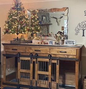 Double Extra Large kennel with drawers, barn doors, open front, Alder stain