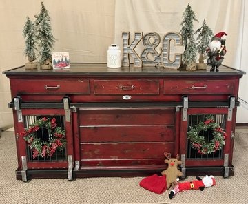 Double kennel with barn doors, distressed red finish, and drawers.