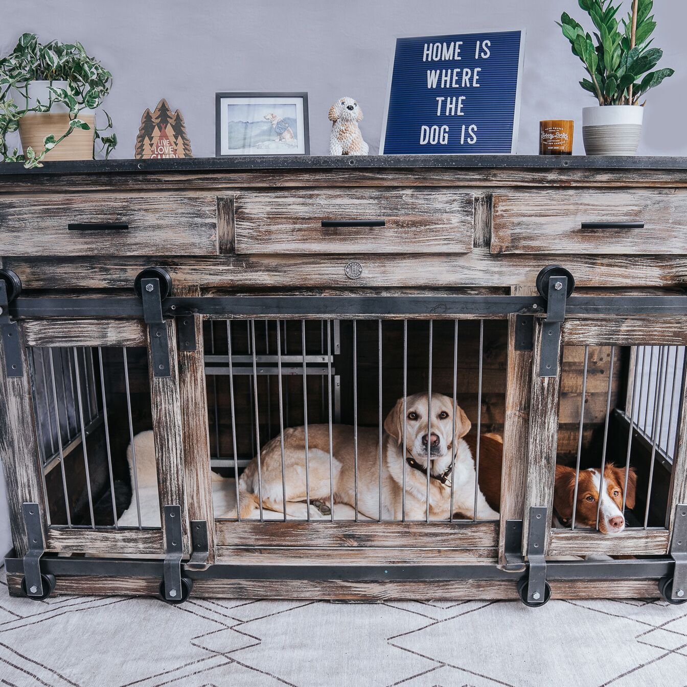 Double Extra Large Kennel with open front, barn doors, drawers, chew guards and a dramatic weathered finish.